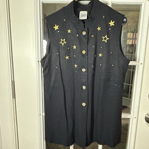 R&M Richards Karen Kwong Jackets & Blazers - Vintage‎ 90s R&M Richard's Karen Kwong Navy Celestial Embroidered Vest Size 16